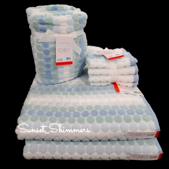 8pc Caro Home Bath Hand Washcloth Striped Dot Sea Foam Green Blue Towel Set NEW - Picture 1 of 8